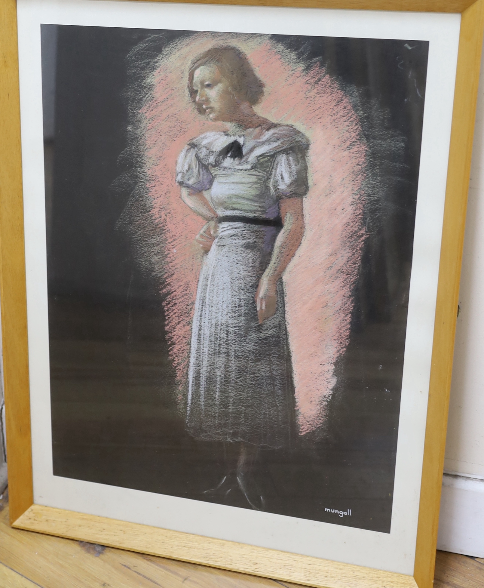 John Bryce Mungall, pair of pastel portraits of 'The Piper' and 'Agnes', signed with labels verso, 52 x 38cm